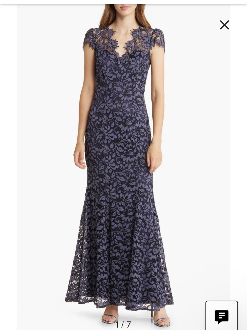 Eliza J Navy Floral Lace Cap-Sleeve Mermaid Maxi Dress